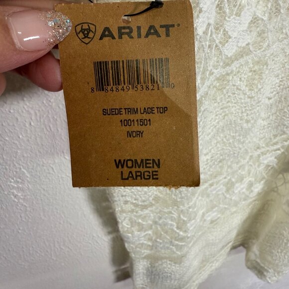 Ariat Womens Large Ivory Suede Trim Lace Top Boho Western Layer Rodeo Casual - Picture 5 of 11